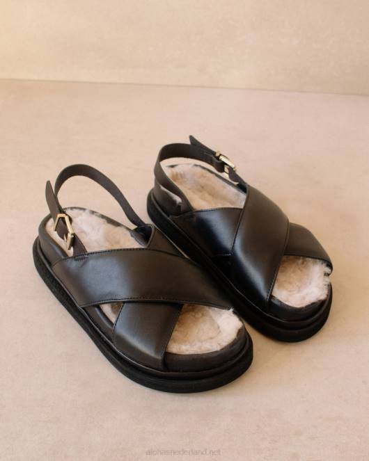 marshmallow furry - zwarte leren sandalen vrouwen J68D128 Alohas